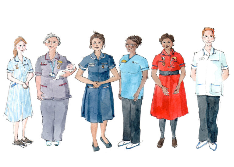 Drawing of medical staff in a line.