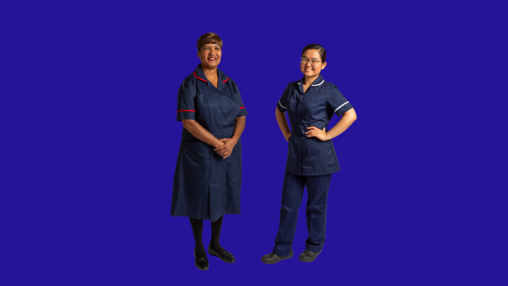 A image of two nurses in blue uniform, in front of a blue background.