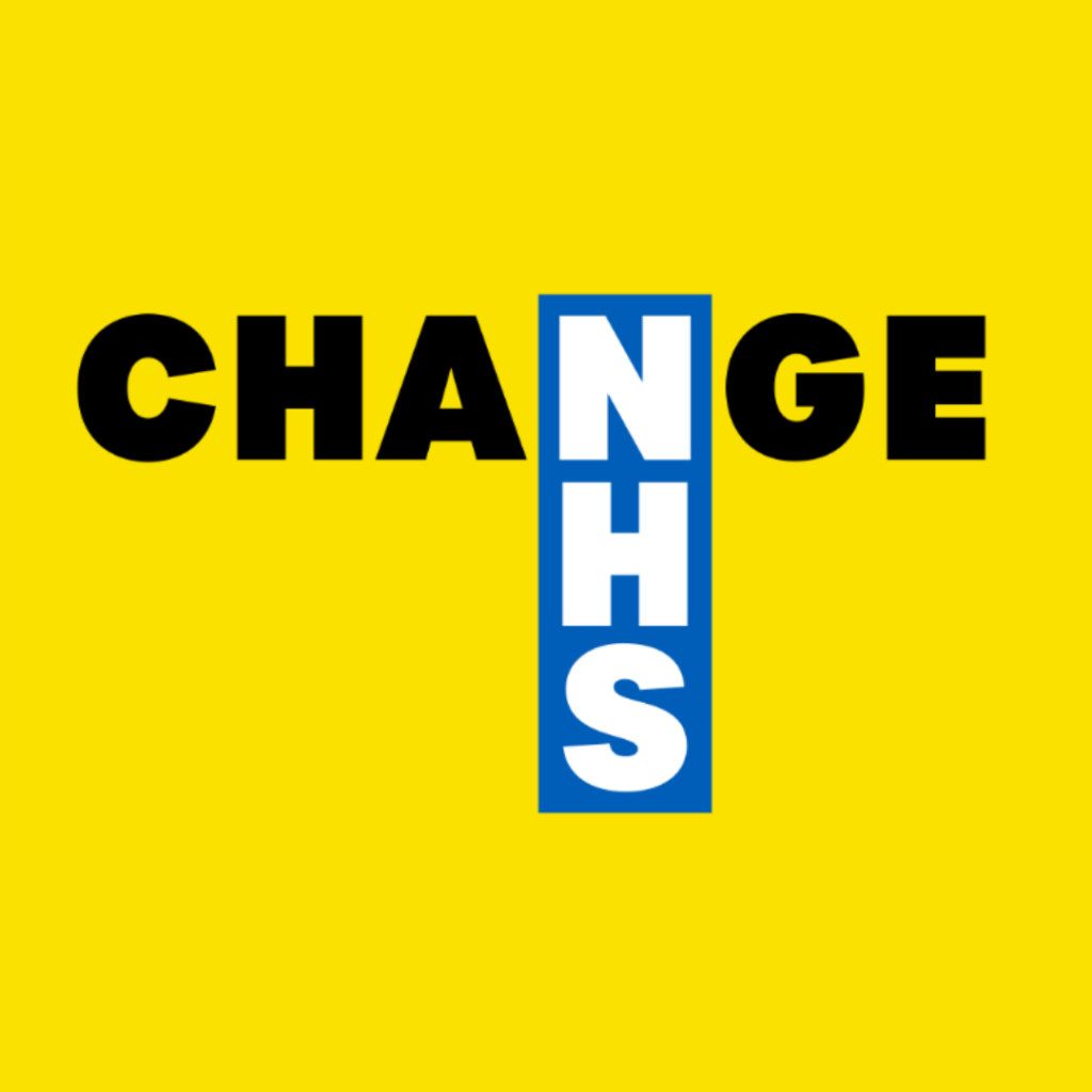 Yellow image with the word CHANGE going across left to right in black capital letters apart from the letter N which is in white. The letters NHS go downwards from the N in change, and are in white with a blue background.