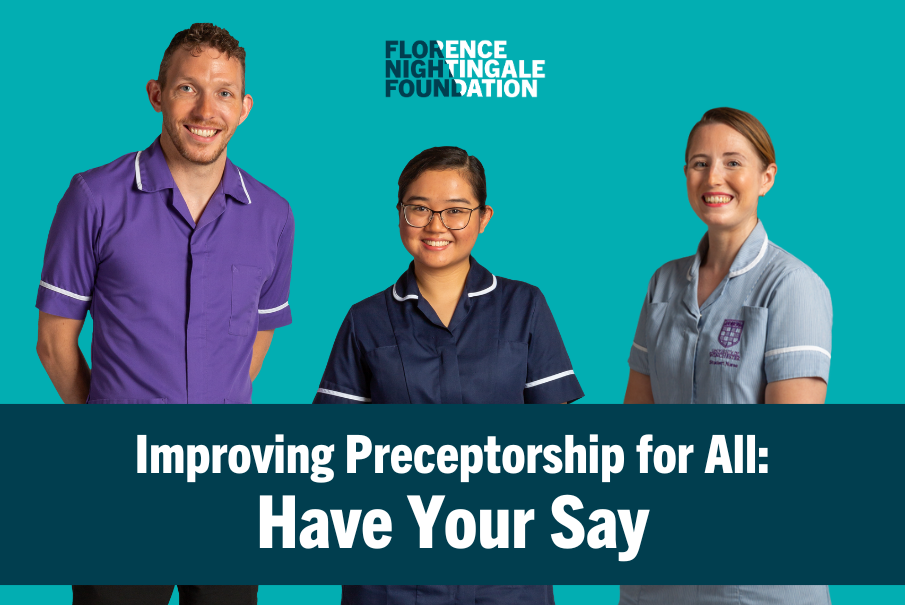 Three people standing looking ahead. On the left a young man in a purple nurses uniform top and black trousers, in the middle a young woman wearing glasses and a blue nurses tunic she had darl brown hair tied back, and on the right a young woman with a light blue nurses uniform and she has light brown hair tied back..