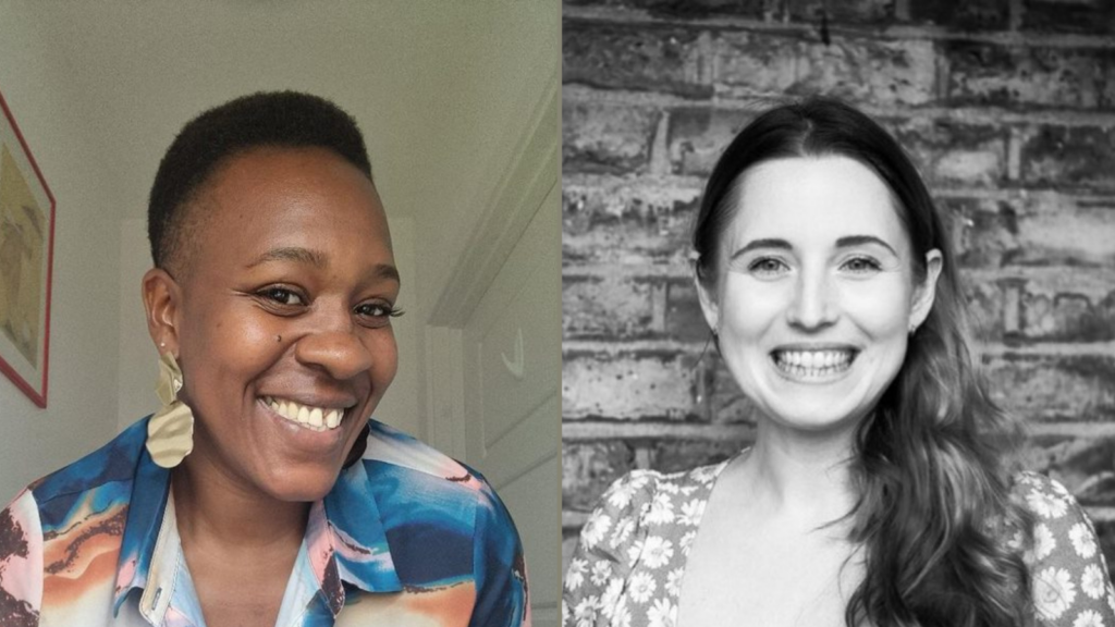 Image of two women, on the left a woman smiling in a bright shirt, on the right a black and white photo of a woman smiling with long hair.