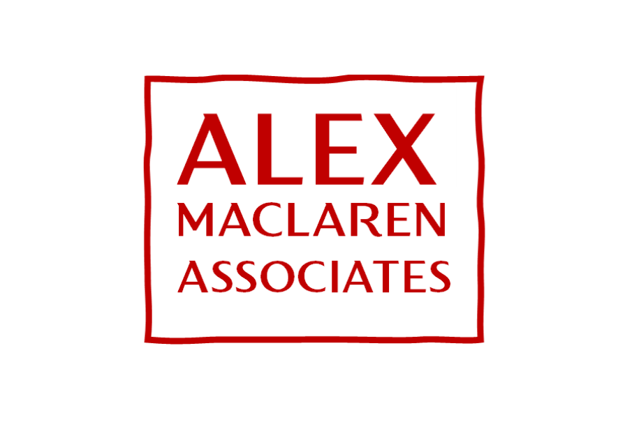 A logo, red box with waves edges, and the text Alex Maclaren Associates all in red.